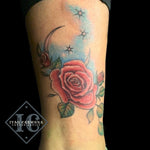 Rose Tattoo With A Moon Stars And A Blue Splash Tatuaje De Rosa Con Estrellas De Luna Y Un Toque Azul<br>